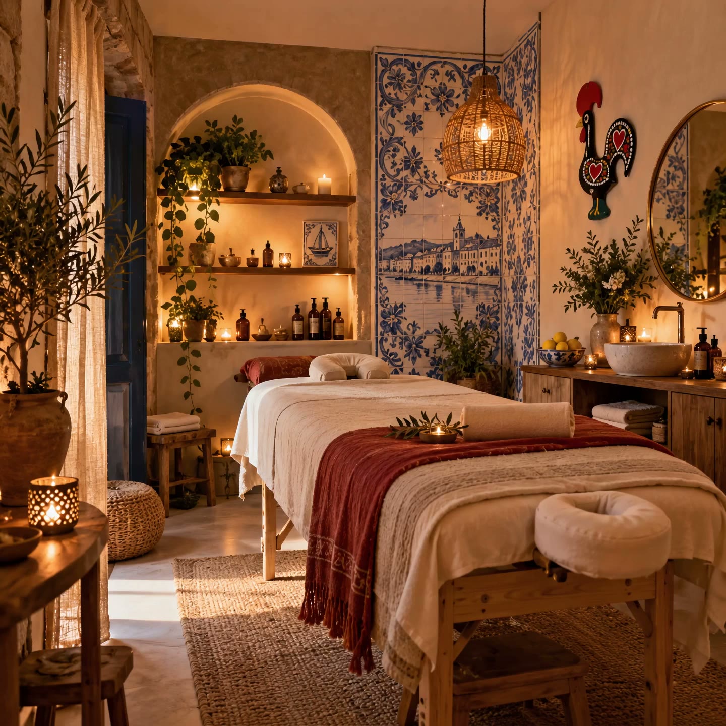 Sala de massagem com marquesa, manta terracota, azulejos azuis e um galo de Barcelos.